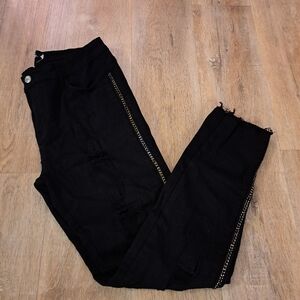 BLUE TOPIC Denim Collection Black Gold Chain Frayed Hem Distressed Jeans Size 15